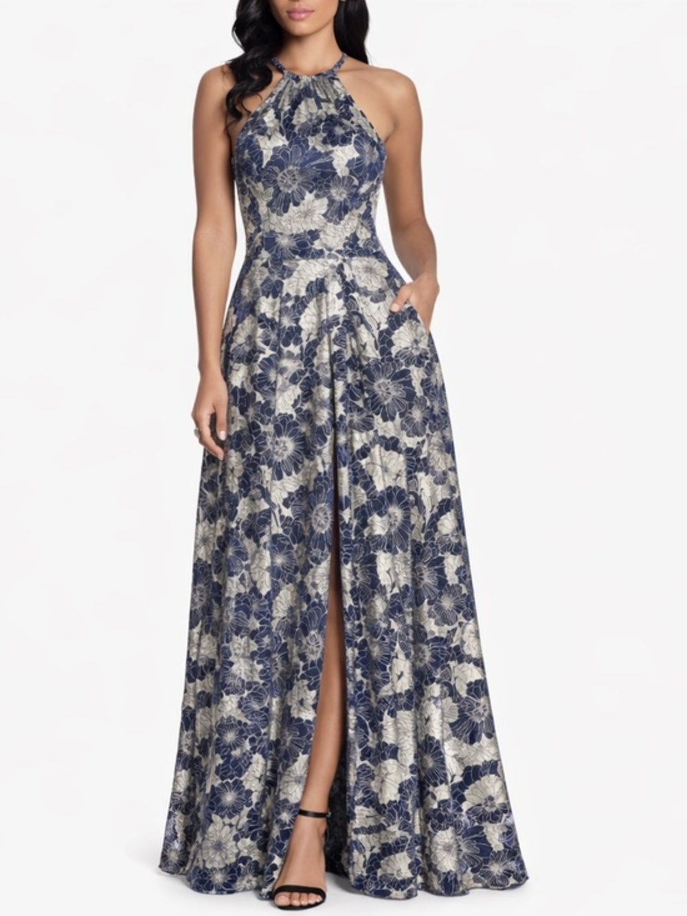 Betsy & Adam. Layla‎ Halter Top Foil Print Gown.